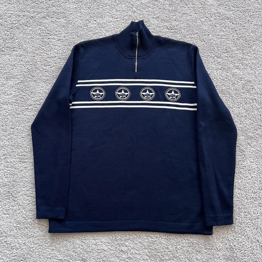 Bogner 1/4 Zip Sweater Mens L Blue Mock Neck Stripe Bison Knit Virgin Wool Blend